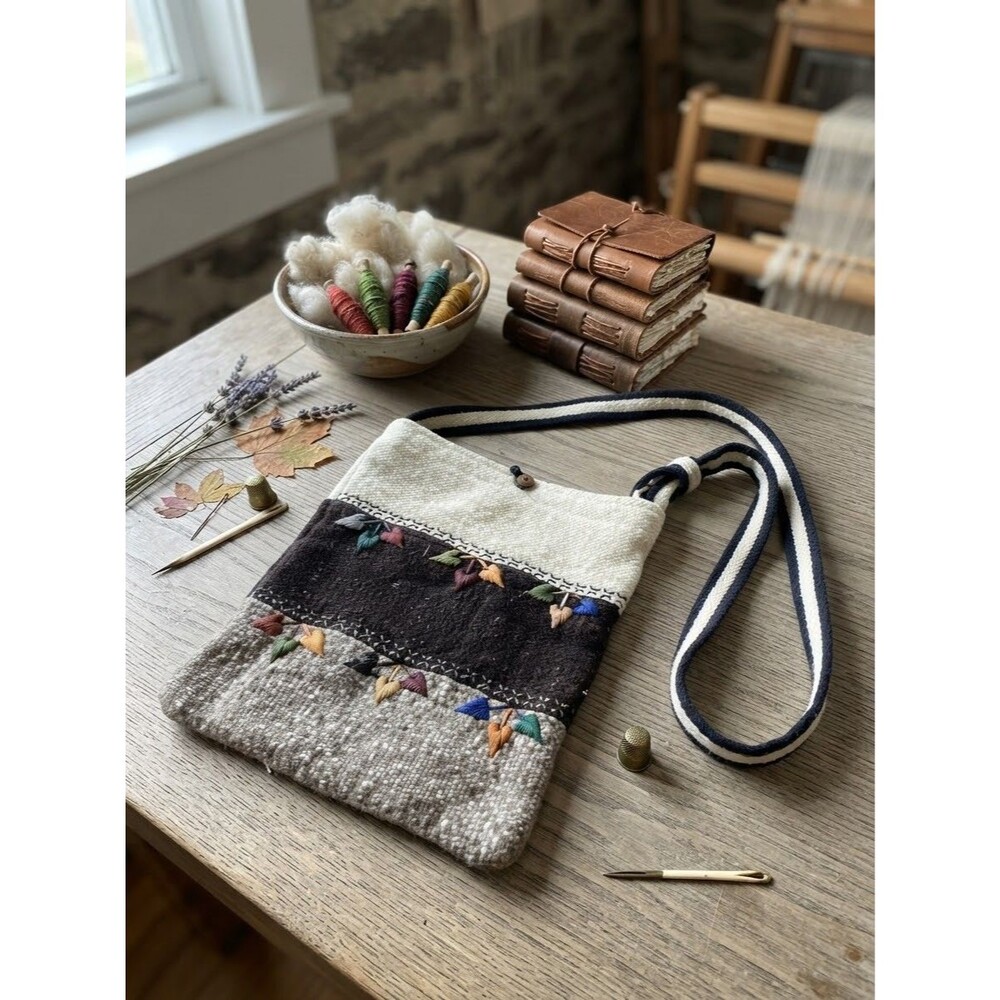 Handmade Wool Blend Crossbody Bag Embroidered Leaf Accents Bohemian Boho Hippie